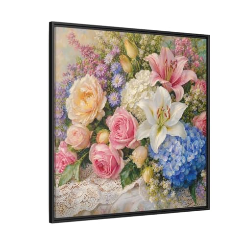 Tableau fleurs vintage sur toile encadrée noire 90x90cm pour salon