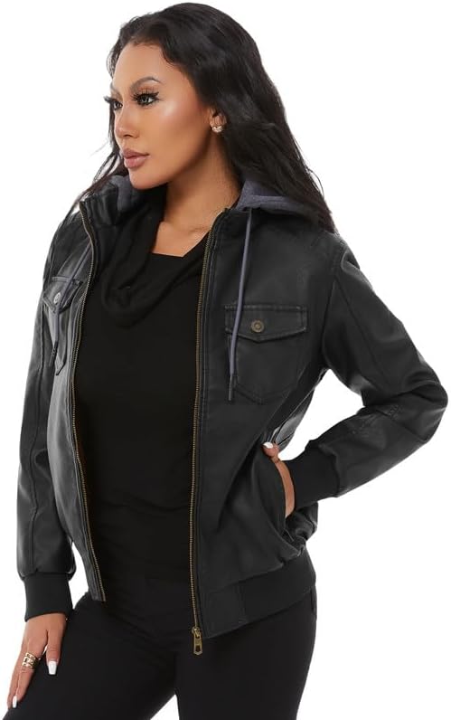 KVE Women's Faux Leather Jacket Waterproof Motorcycle Bomber Jacket Vintage PU Moto Biker Coat - Image 8