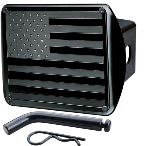 TrkWyze Patented American Flag Trailer Hitch Cover 2 inch, Riveted Aluminum Flag Hitch Cover, CAR-WASH-Safe Tow Hitch Covers, Rust-Resistant, Hitch Receiver Cover (Reg+Pin&Clip)