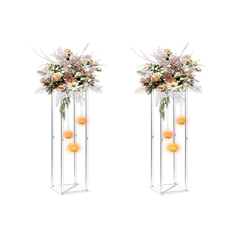 Clear Acrylic Vases Flower Stand Wedding Centerpieces with Hanging Glass Tealight Globe Candle Holders for Event Party Table Decoration Display Rack Column (2, 24 inch)