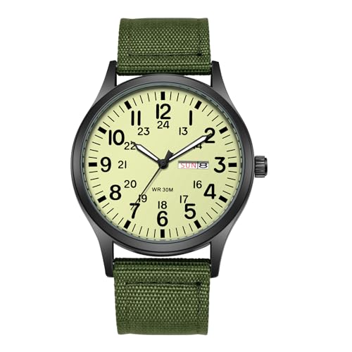 JewelryWe Herrenuhr Leuchtende Militär Armbanduhr: Grün Taktische Outdoor Analog Quarz Uhr Herren Sportuhr mit Nylonarmband, Datum/Wochentag Kalender, 12/24-Stunden Anzeige...
