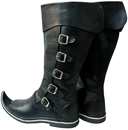 Image of AnNafi 5 Buckle Medieval Leather Boots | Renaissance Inspired Loafer Boot | Halloween Caribbean Pirate Costume Boots | Cowboy Boots (Large, Black