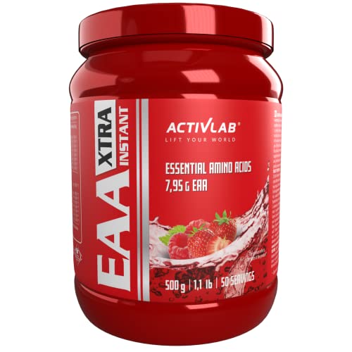 Activlab EAA XTRA Instant 500g, Powder, Alle 8 essentielle exogene Aminosäuren, B-Vitaminen, 50 Portionen, Workout Drink, Himbeere-Erdbeere, Optimale Wertigkeit, Vegan, inklusive Messbecher, Vegan Cover