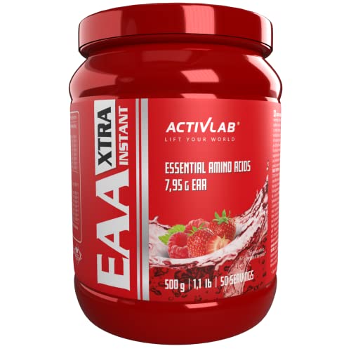 Activlab EAA XTRA Instant 500g, Powder, Alle 8 essentielle exogene Aminosäuren, B-Vitaminen, 50 Portionen, Workout Drink, Himbeere-Erdbeere, Optimale Wertigkeit, Vegan, inklusive Messbecher, Vegan