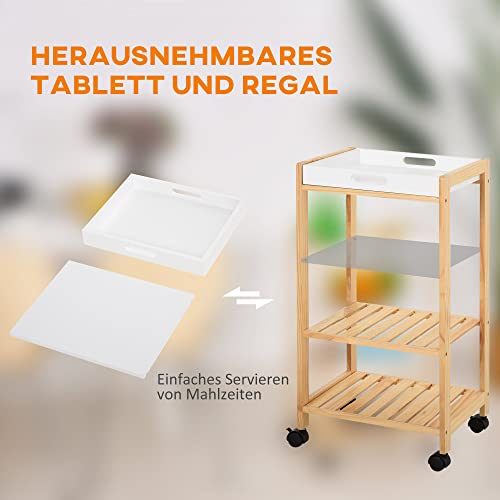 HOMCOM Carrito de Cocina Carrito de Servicio Doméstico de 4 Niveles con Una Bandeja Extraíble Estante Ruedas Universales 40x30x76 cm Blanco Madera - imagen 3