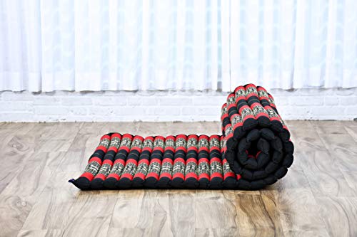 Image of Leewadee - Kapok Roll Mat - Handcrafted Folding Sleep & Relaxation Mattress from Thailand, Ideal as Guest Bed, Camping Mat, Yoga Mat or Traditional Futon, 75 x 39 inches, Black Red