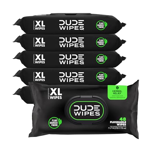 DUDE Wipes – Flushable Wipes – 6 Pack, 288 Wipes – Herbal Relief Extra-Large Wet Wipes – Witch Hazel & Geranium Essential Oils – Septic and Sewer Safe Butt Wipes For Adults