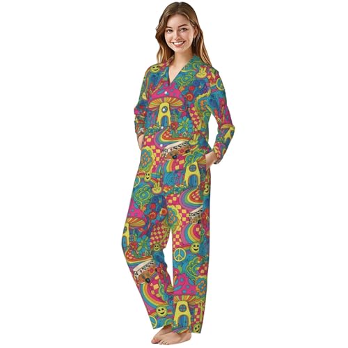 Image of Women'S Long Sleeve Pajama Set Soft Loungewear Button-Down Top & Elastic Waist Pants S- 2XL