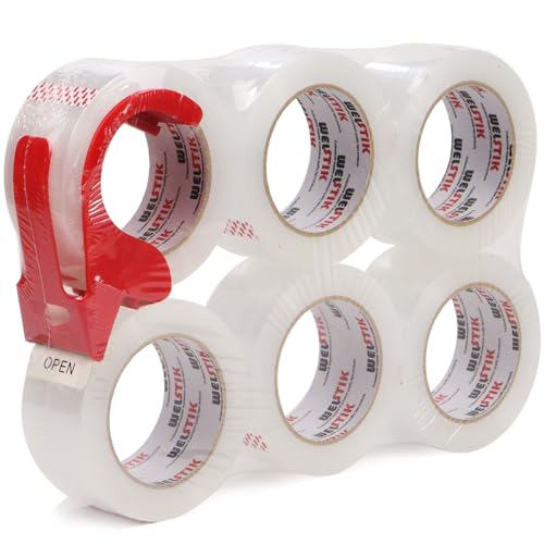 WELSTIK 6 Pack 50MM x 100M Heavy Duty Clear Packaging Tape with Free Dispenser