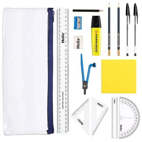 Luxe Elite Back to School Stationery Set Clear Exam Pencil Case with Pen Pencil Ruler Highlighter Maths Set Eraser and Sticky Notes Complete Kit