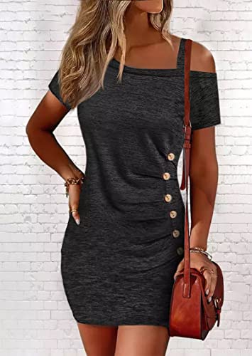 Button Ruched One Sided Cold Shoulder Mini Dress For Women Sexy Bodycon Tshirt Dresses Casual Cocktail Party Short Dress(Dark Grey,Large) #TOP4