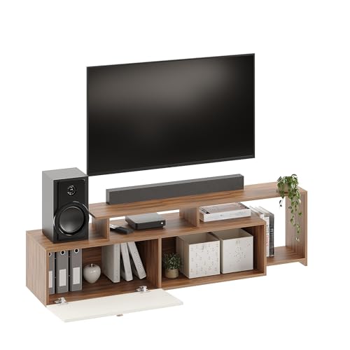 Image of FURNEASER Dexon Modern Engineered Wood Floor TV Cabinet with Storage | TV Entertainment Unit with Cabinet & Open Shelves | Media TV Stand for 32 to 55 Inch TV (Exotic Teak & White)