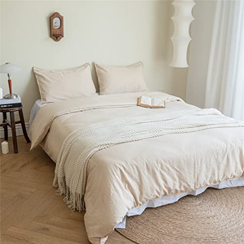 BISELINA French Linen Duvet Cover Set 2pcs with Hidden Zipper Closure Natural Flax Cotton Blend Solid Color Soft Breathable Luxury Farmhouse Bedding - Twin Size, Linen/Beige