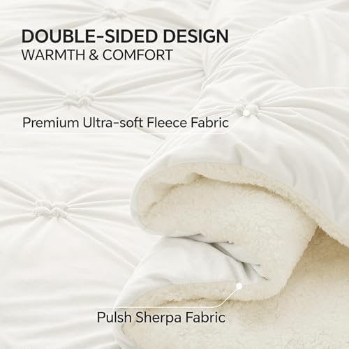 Image of BEDELITE Fluffy Sherpa King Comforter Set,Pintuck-White | Super Soft & Warm Fleece Bedding, Luxury Fuzzy Comforter for Winter, Heavy Plush Bedding Set,2 Pillowcases