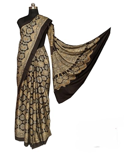 Image of Ethnics of Kutch Ajrakh Modal Silk Saree For Women | Natural Dye Hand Block Print |With Unstitched Blouse Piece | 5.5 Mtr Length (Dark Green 24601R)