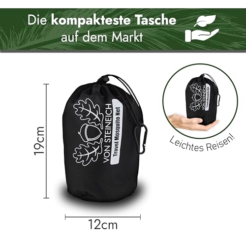 VON STEINEICH® Moskitonetz [Reise] Handliches Reise Moskitonetz | 220cm x 170cm | Super leichtes Reise Mückennetz in praktischer Reisetasche | Perfekt für Wandern, Camping und Urlaub | Mückennetz Bett