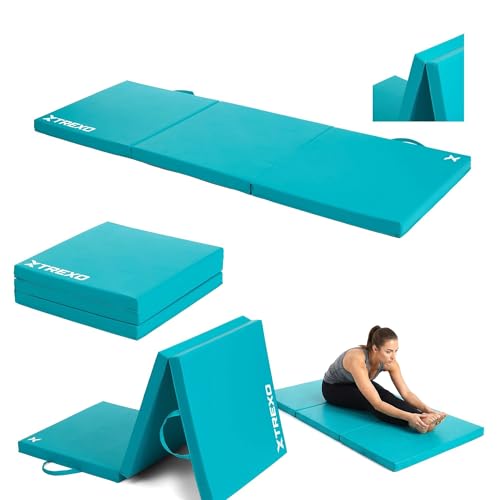 TREXO Colchón de gimnasia plegable 180 × 60 × 5 cm – 3 piezas, funda de piel ecológica resistente a la abrasión, espuma de polietileno flexible, asa, fácil limpieza