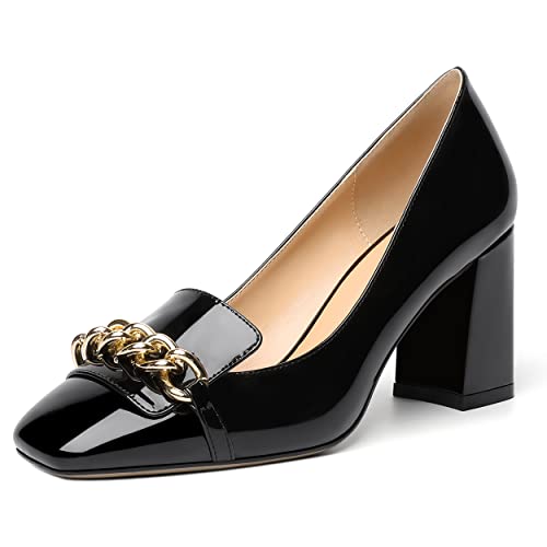 MOVINSTEPS Womens Dress Solid Slip On Square Toe Office Metal Chain Patent Block High Heel Pumps Shoes 3 Inch