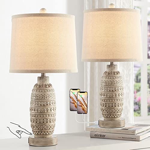 Roria Set Of 2 Rustic Touch Table Lamps For Bedroom, Dual Usb Charging Ports With 3-Way Dimmable Nightstand Desk Lamps, Linen Fabric Shade, Lamps For Living Room, Included Led Bulbs #TOP6