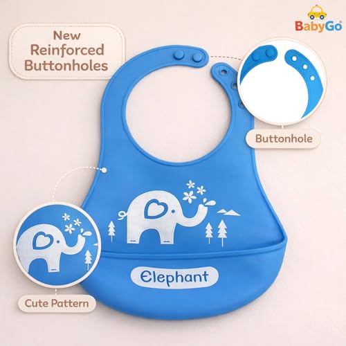 Image of BabyGo Silicone Baby Bib for Feeding & Weaning Infants & Toddlers |Waterproof, Washable & Reusable | Adjustable Neckline, Lightweight & Foldable Bib with Deep Food Catcher Pocket |Blue (Pack of 1)