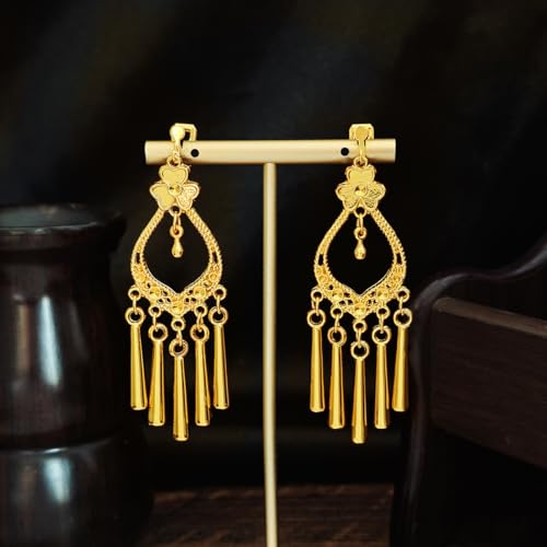 Aretes étnicos dorados con clip y borlas largas miniatura 6