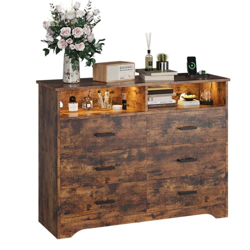 IRONCK Kommode Vintage Braun, Komodenschrank mit LED-Lichtleiste...