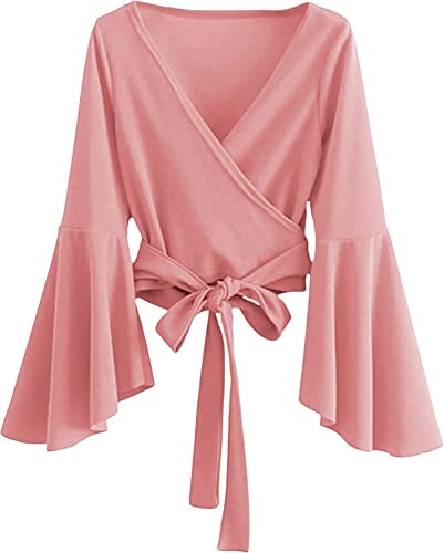 Image of TASHVIKA'S Women's Long Sleeve V Neck Tie Knot Wrap Blouse Top