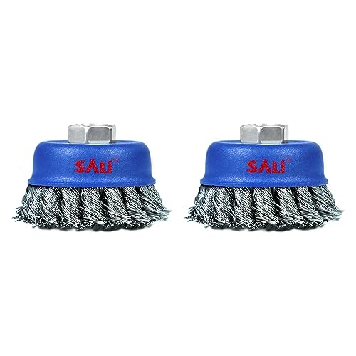 SALI 2 Pack Wire Cup Brush, 3 Inch Twisted Knotted Cup Brush for Grinders, with 5/8-11 Inch Arbor for Heavy Cleaning Rust, Stripping and Abrasive, for Angle Grinder