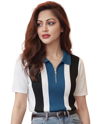 Image of AUSK Women's Casual Summer Polo Knit T-Shirt | Zip Collar Top | Half Sleeves | Ribbed Panel Design | Lightweight Comfort | Regular Fit