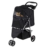 LEMY Foldable Pet Puppies Stroller for Cats and Dogs, 3 Wheels Travel Pet Carrier w/Weather Cover, Storage Basket and Cup Holder, Black
