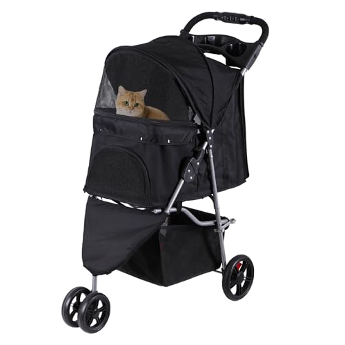 LEMY Foldable Pet Puppies Stroller for Cats and Dogs, 3 Wheels Travel Pet Carrier w/Weather Cover, Storage Basket and Cup Holder, Black