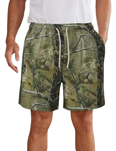 PEHMEA Men's Camo Print Swim Trunks, Summer Beach Sweat Shorts Drawstring Lounge Athletic Short with Pockets(Green-L)