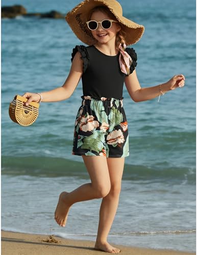 Image of Arshiner Girls 2 Piece Outfits Summer Clothes Ruffle Short Sleeve Shirts Top and High Waist Paper Bag Shorts Set with Pockets