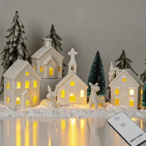 Weihnachtsdorf Dekoration Set mit LED Beleuchtung & Fernbedienung, 4...