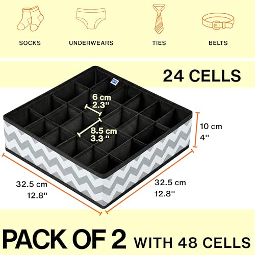 Image of Skrill 24-Compartment - Set of 2 | Non-Woven Foldable Cloth Storage Box Set Underwear, Socks, Ties, Scarves Drawer Organization | Space Saving Divider Organizer Closet Storage | Zigzag Waves Grey