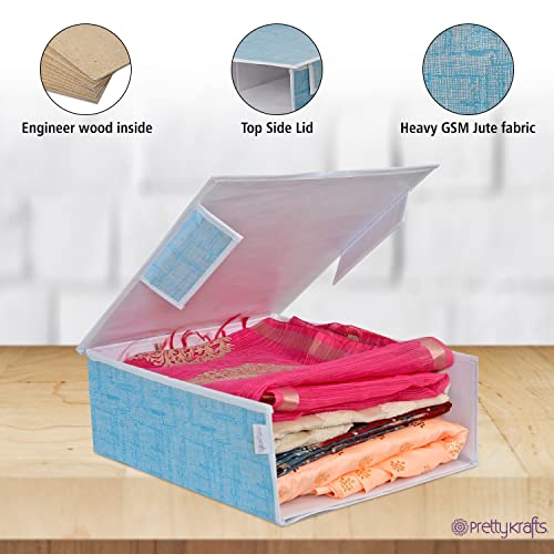 Image of PRETTY KRAFTS Stackable Fabric Saree Storage Organizer for wardrobe, Clear front window with Lid, Stackable organizers, Perfect to organize sarees in a wardrobe, Set of 2, Jute Blue Grey