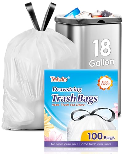 Teivio 18 Gallon 100 Counts Drawstring Trash Bags (fit 16-18 Gal) Large Strong Tall Kitchen Garbage Bags for Home/Office/Light Residential Waste/Outdoor Trash Can, White Lawn Bag