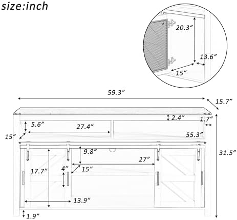 59.3'' Farmhouse Sideboard with Sliding Barn Door & Mesh Panels - Rustic Buffet Storage for Living Room, Kitchen, Hallway, Office (Brown & White)
