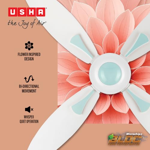 Image of USHA Bloom Series Dahlia 100% Copper Motor 4-Blade BLDC Ceiling Fan | Bi-Directional | Sleep /Boost /Timer Modes | RF Remote | Dust-Resistant |3Y Motor & 2Y PCB Warranty (White & Light Green)