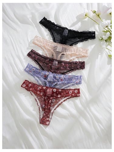 Image of SHENHE Women's 5 Packs Floral Lettuce Trim Bow Low Rise Cute Thong Panties Underwear