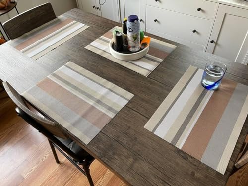 Image of Potency Table Mats Set of 6, Woven Placemats for Dining Table, Heat-Resistant, Anti-Skid, Washable PVC Table Mats, Vinyl Placemats for Dining, Kitchen & Restaurant Table (I Multistripe Cream)
