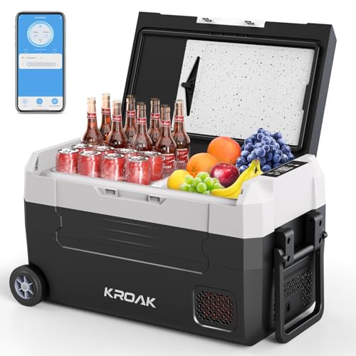 KROAK Nevera Portátil Coche 35L con Ruedas y Control Bluetooth, Doble Zona -20°C/+20°C, Compresor Silencioso 45W para Camping/Picnic/Viajes Familiares, Alimentación 12/24V DC + 220V AC
