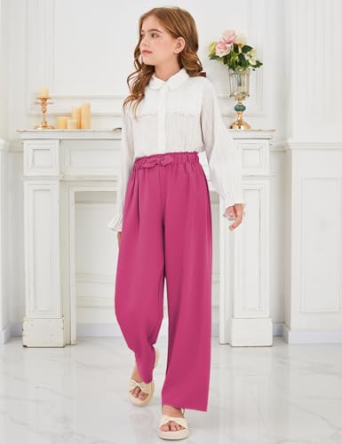 Image of Girls Wide Leg Palazzo Pant Loose Straight Cute Bow Waist Spring Summer Lightweight Dress Pant for Kids 5-14Y