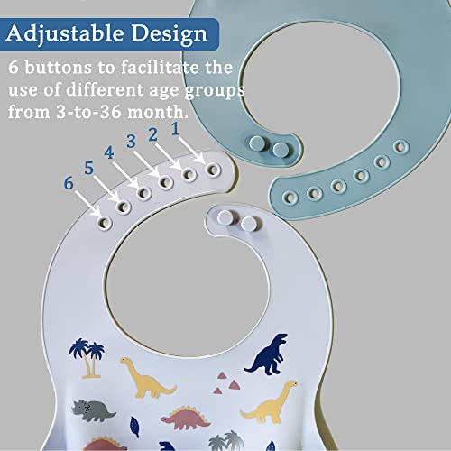 Ileyluy Silicone Baby Bibs For Babies & Toddlers Set Of 2, Feeding Bibs Unisex Soft Adjustable Waterproof Bpa Free(Dusty Blue,Dinosaur) #TOP2