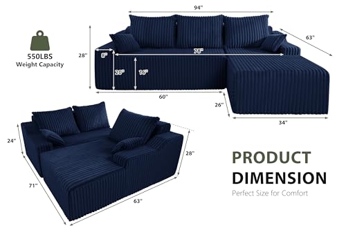 Image of HABUTWAY 94'' Cloud Sectional Couch, Boneless Sofa with Deep Seat, Modular Comfy L-Shape Couch with Chaise for Living Room Bedroom, No Assembly Required(Blue,Right Facing Chaise)