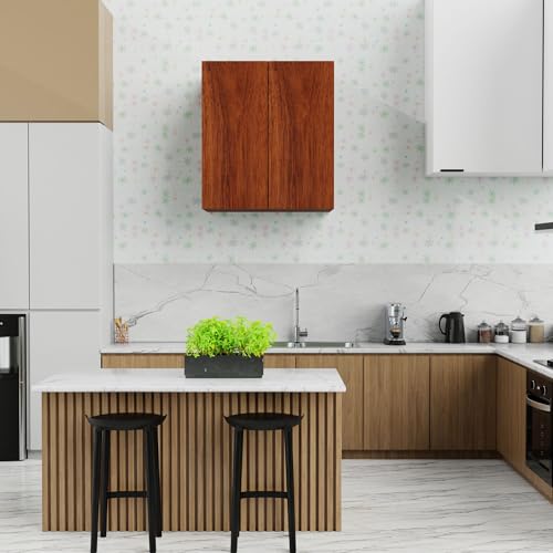 Image of 2 Door Multipurpose Wall Mounted Cabinet with Adjustable & Fixed Shelf | Storage for Modular Kitchen, Bathroom, Office & Living Room | Assembly-DIY | Color-Cherry Pine | Size-60x33x63.8 Cm