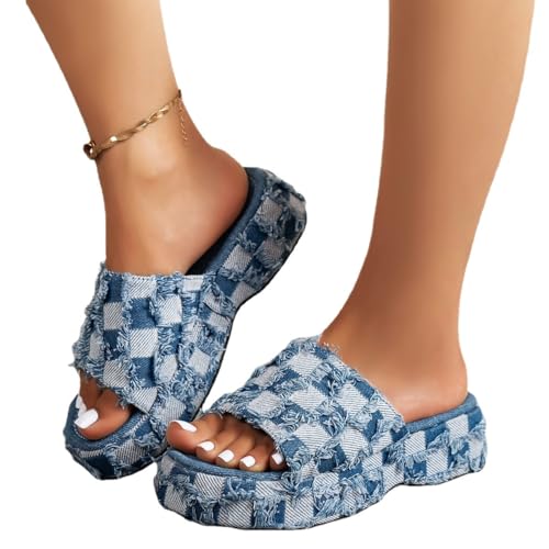 Loizziuy Checkered Denim Slip-On Slippers for Women Thick Sole Summer Slide Sandals for Beach Outdoor, Indoor, and Travel Wear4