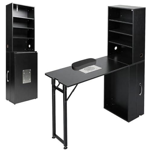 LOVEVLOGY Lovelogy Professional Portable & Foldable Nail Desk with Dust Collector Wall Mount Manicure Table with Storage Nail Cabinet with Hand RestBlack