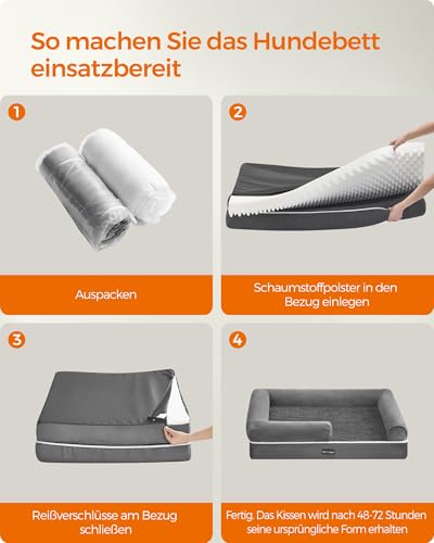 Feandrea Orthopädisches Hundebett, Hundekissen, Hundekorb, weiche Polsterung, Hundesofa, erhöhte Ränder, Bezug abnehmbar und waschbar, 91 x 63 x 18 cm, rutschfeste Unterseite, hellgrau PGW076G02V1