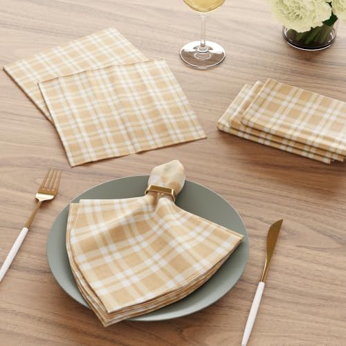 Image of Encasa XO Dining Table Napkins Set of 12, 50x50 cm | Machine Washable Reusable, Recycled Cotton Cloth Napkin, Soft & Absorbent, Table Decor for Hotels, Farmhouse - White & Franca Beige Checks